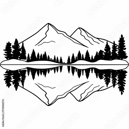 Vector art of reflective mountain scenery with pine trees mirrored in a tranquil lake, showcasing the harmony and symmetry of natures artistry