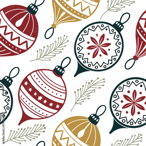 Vector art of seamless christmas pattern with vintage ornaments and pine branches on a, creating a festive and decorative design