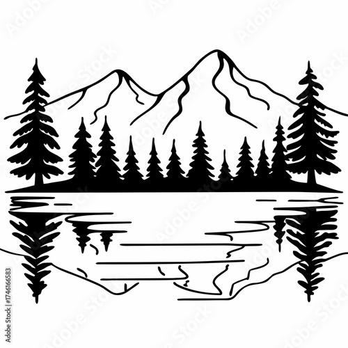 Vector art of serene mountain landscape with pine trees reflected in a calm lake, capturing the beauty and tranquility of natures wilderness