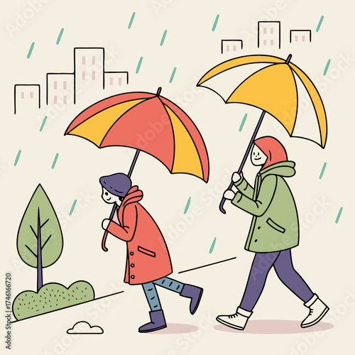 Vector art of two people are walking in the rain with umbrellas in a city park, enjoying the weather and protecting themselves from getting wet on a rainy day, hand drawn style