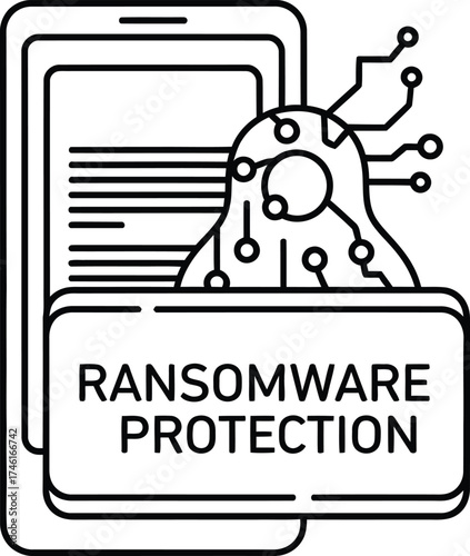 Digital illustration of a smartphone displaying a document with a cybersecurity circuit board protecting it from ransomware