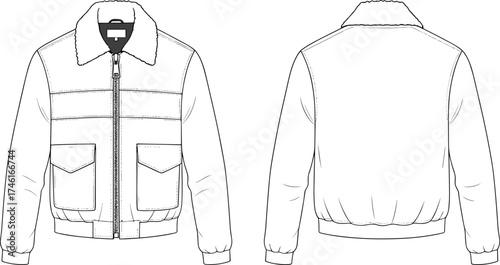 Jacket flat sketch, shearling collar outerwear, front back technical drawing, ribbed cuffs hem, vector fashion CAD, detailed apparel illustration
