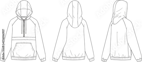 Hooded pullover jacket flat sketch, front back side technical drawing, half zip closure, kangaroo pocket, ribbed cuffs hem, vector CAD illustration