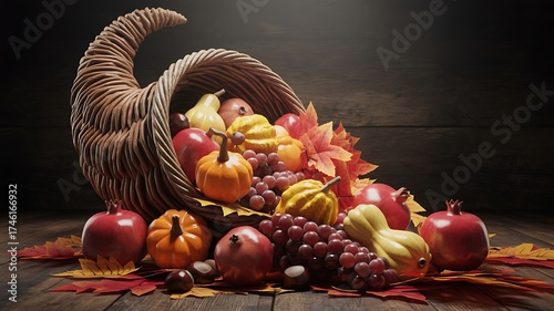 Dramatic 3D render of a classic cornucopia overflowing with fruits and vegetables. A rich symbol of Thanksgiving abundance, harvest, and fall celebration.
