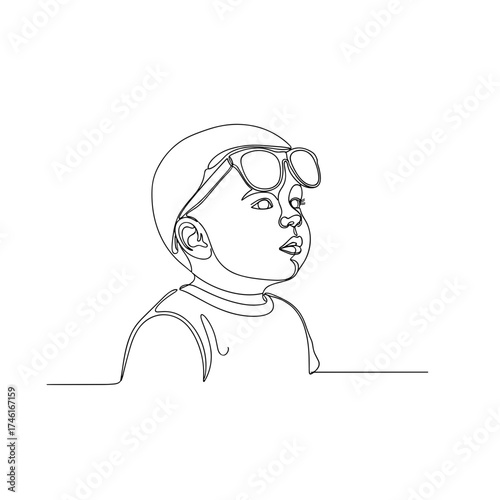 Toddler with sunglasses on head in minimalist line art style