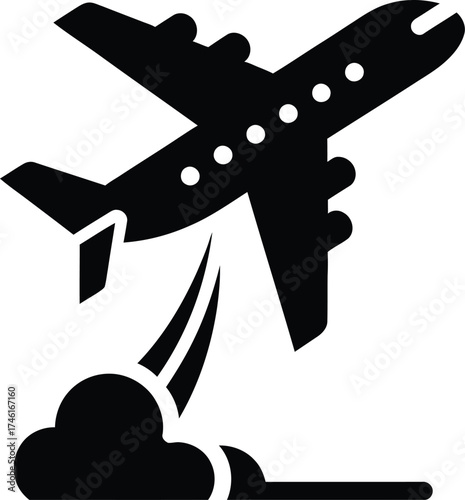 Silhouette of a commercial airplane taking off with exhaust clouds against a white background