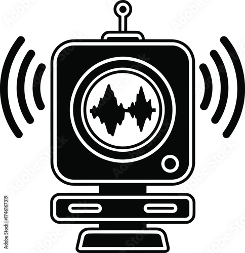 Retro robot with a screen displaying a sound wave and broadcasting signals