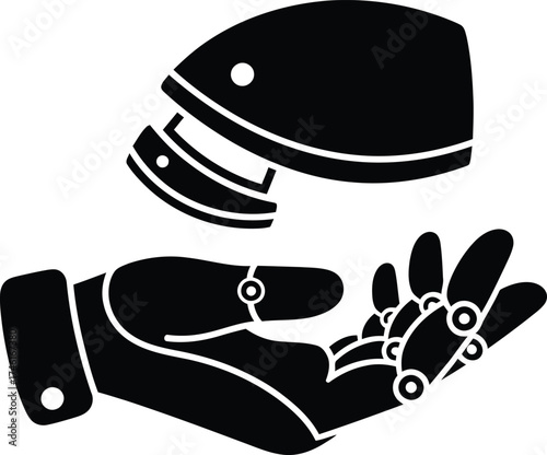 Robotic hand gently holding a futuristic helmet or headpiece with intricate mechanical details