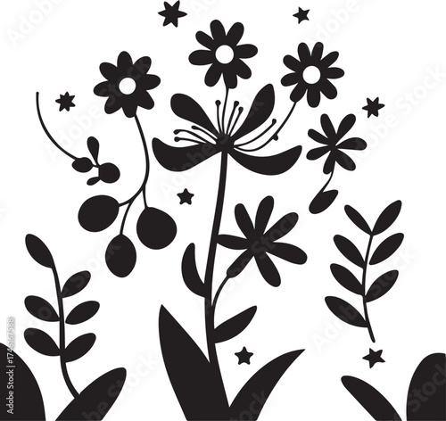 Simple black and white flower with smiling face and leaves