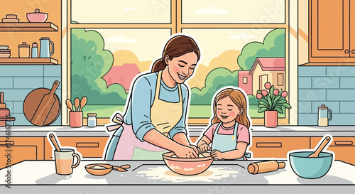 Mother and daughter happily baking together in a bright kitchen with a garden view