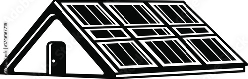 Modern triangular house structure with solar panels integrated on the roof for renewable energy generation