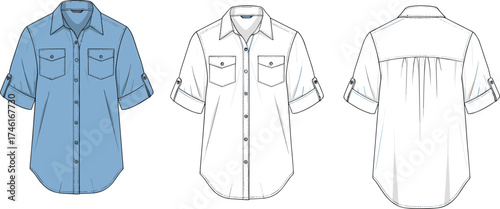 Short sleeve button up shirt flat sketch, cad drawing vector illustration, rolled sleeves, chest pockets, pleats, yoke, fashion apparel template design