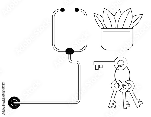 Backpack with wheels, houseplant in a pot, and a keyring with three keys. Ideal for travel, organization, security, nature, minimalism decor lifestyle. Simple flat metaphor