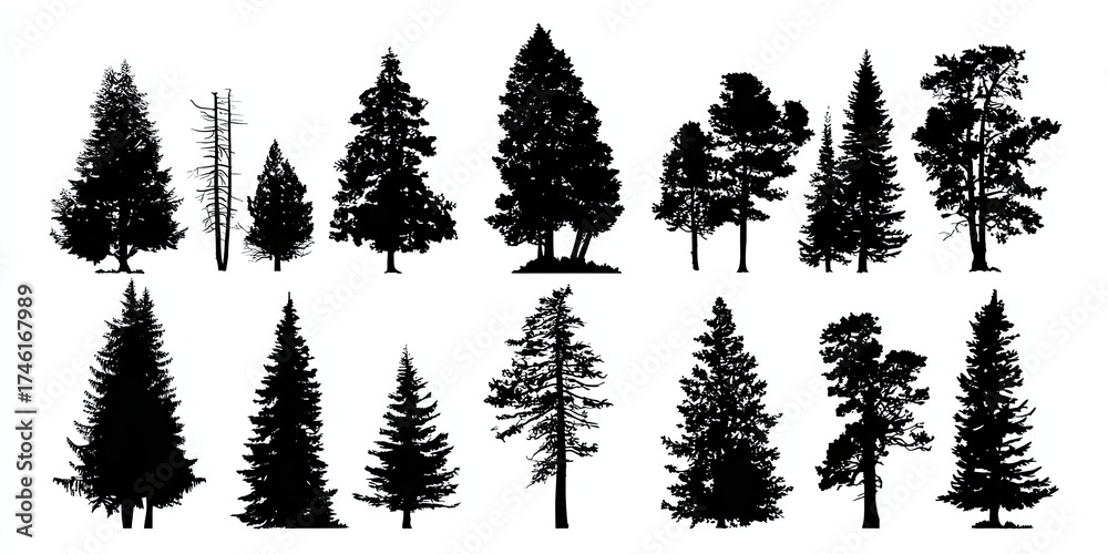 Obraz premium Black Silhouette Collection of Trees on White Background Illustration Showing Nature Concepts