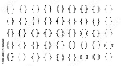 Vector art of assortment of decorative and simple curly braces and brackets isolated on a