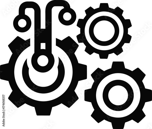 Interlocking black gears and mechanical components on a clean white background
