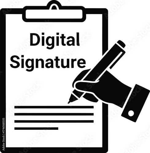 Hand with pen signing a digital signature on a document on a clipboard icon