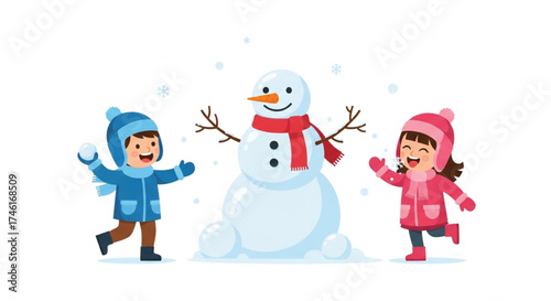 Cheerful children building a snowman together in the winter snow, pure joy displayed