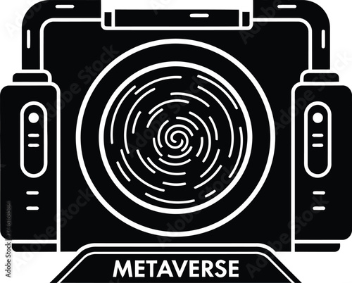 Futuristic portal device with swirling vortex and metaverse label on white background
