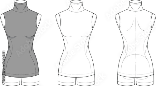 Sleeveless mock neck top flat sketch, cad drawing vector illustration, fashion technical design, bust darts, contour seams, apparel template, garment construction