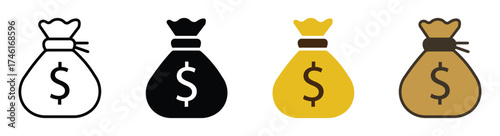 Set of Money bag icons. Money bag icons with dollar symbol. Represents cash, interest rates, business finance, and financial solutions. Ideal for investment and payment concepts , vector illustration.