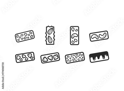 Collection of handdrawn chocolate bars with nuts and fruits