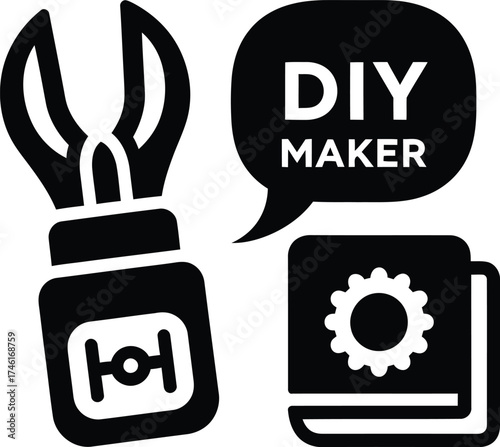 Diy maker concept with wrench and book icons in a speech bubble for crafting and building projects