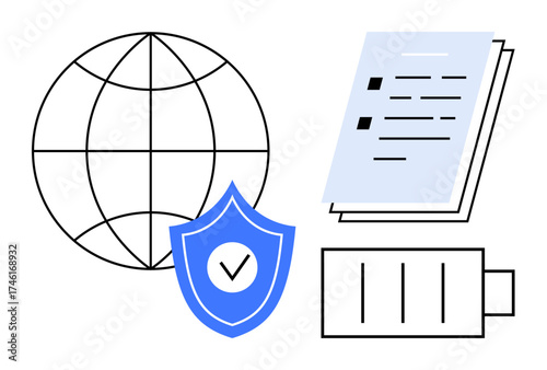 Globe with shield for data security, documents representing digital info, battery symbolizing energy. Ideal for technology, cybersecurity, sustainability, digital management, remote work, online