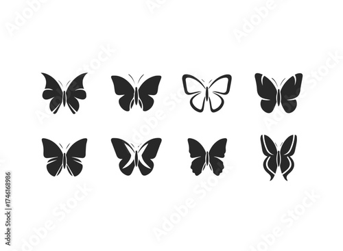 Collection of eight black butterfly icons