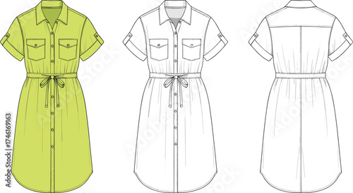 Short sleeve shirt dress flat sketch, fashion cad drawing, vector illustration, technical apparel design, waist belt, pockets, collar, buttons