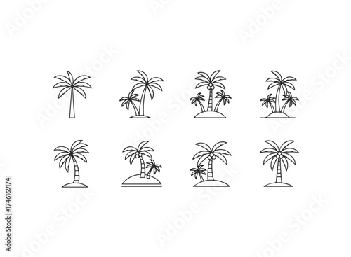 Set of simple line art icons featuring palm trees and tropical islands