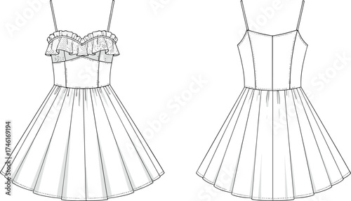 Spaghetti strap ruffle dress technical flat sketch, women’s fashion apparel vector design, front and back view illustration, cad drawing flat vector illustration