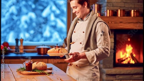 A chef in a coat smiles, preparing food and a drink next to a roaring fire
