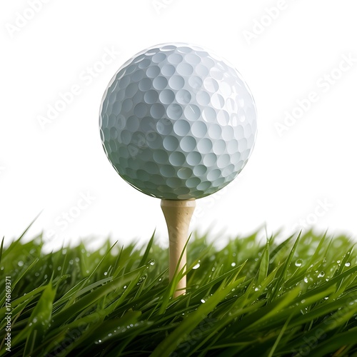 Photograph of a pristine white golf ball on a tee, surrounded by wet, dew-covered grass. A crisp image for golf sport, leisure, and sports equipment.
