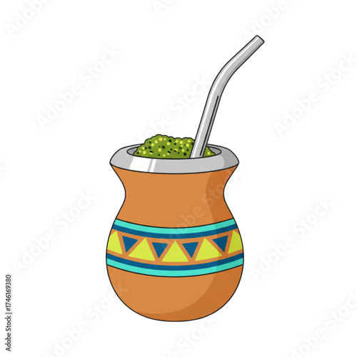 Traditional mate cup with straw filled with yerba mate leaves  