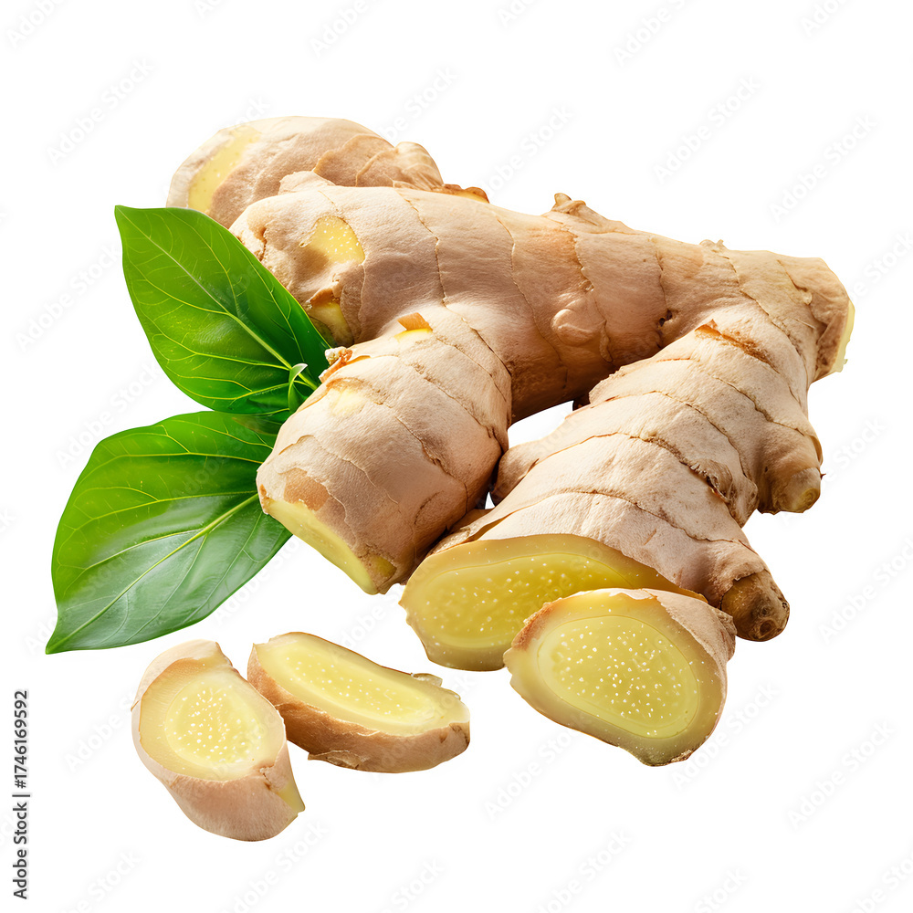 Fototapeta premium Fresh ginger root green leaves healthy spice food ingredient herb isolated transparent in clear view with natural colors and sharp focus on a plain background. Simple clean style for stock use in prin