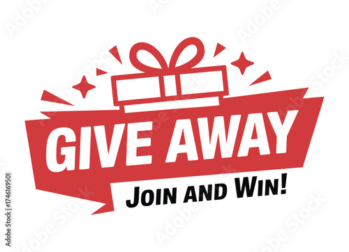 Exciting red giveaway banner with gift box and sparkles announcing join and win