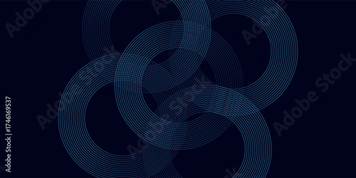 Blue abstract background with glowing circles. Swirl circular lines pattern. Geometric spiral. Twirl element. Modern graphic design. Futuristic technology concept.