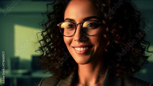A woman with glasses smiles radiantly, lit by warm light against a blurred office backdrop