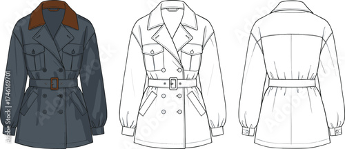 Belted trench coat technical flat sketch, fashion apparel vector design, front and back view illustration, cad drawing flat vector illustration