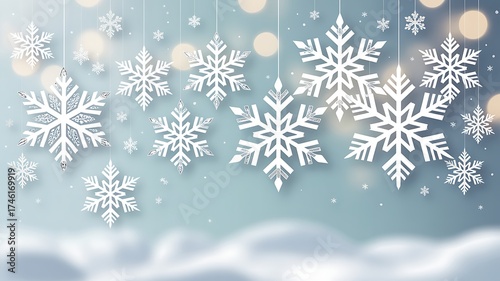 Serene winter holiday card featuring hanging paper snowflakes and soft bokeh lights. A beautiful design for christmas, new year, and winter celebration.
