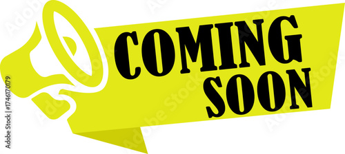 Coming Soon Banner icon. Banner with megaphone icon, suitable for marketing, launch teasers, or notifications. Open available now sign or coming soon tag. New product release symbol.