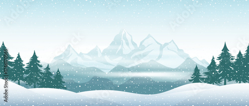 Winter landscape, mountains with forest in the fog, snowdrifts and snowfall, vector illustration