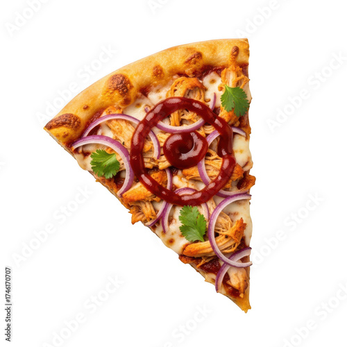 Slice of chicken pizza with red onion and barbecue sauce isolated on transparent background