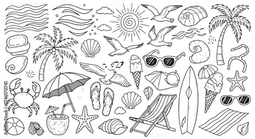 Vector art of a variety of handdrawn doodle icons representing summer beach activities and elements, such as a crab, surfboard, ice cream, sunglasses, and palm trees