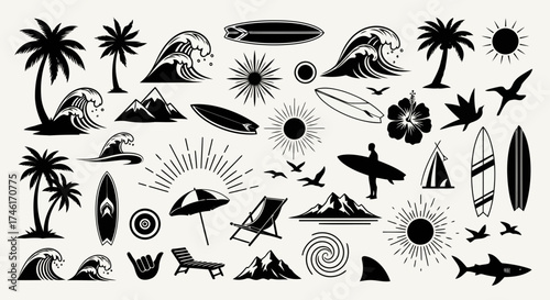 Vector art of summer and beach elements, including palm trees, waves, surfboards, mountains, sun, birds, and beach chairs