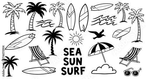 Vector art of collection of handdrawn summer vacation icons including palm trees, surfboards, beach chairs, sun, waves, and umbrellas