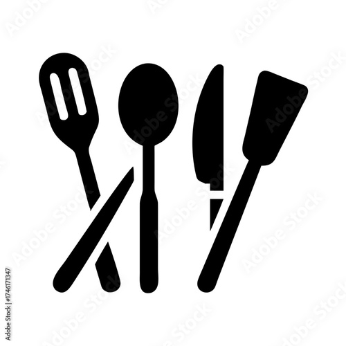 Vector art of black silhouette of kitchen utensils, including a slotted spatula, spoon, knife, and turner, perfect for culinary themes and cooking illustrations