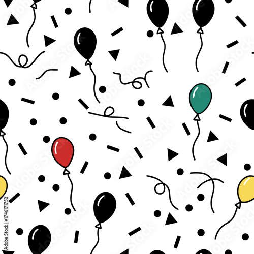 Vector art of seamless pattern of colorful balloons and confetti, perfect for festive designs, party decorations, and celebratory backgrounds