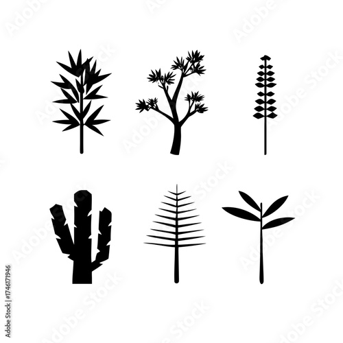 Vector art of set of six different tree icons collection of various tree shapes, representing different types of trees and plants in simple line art